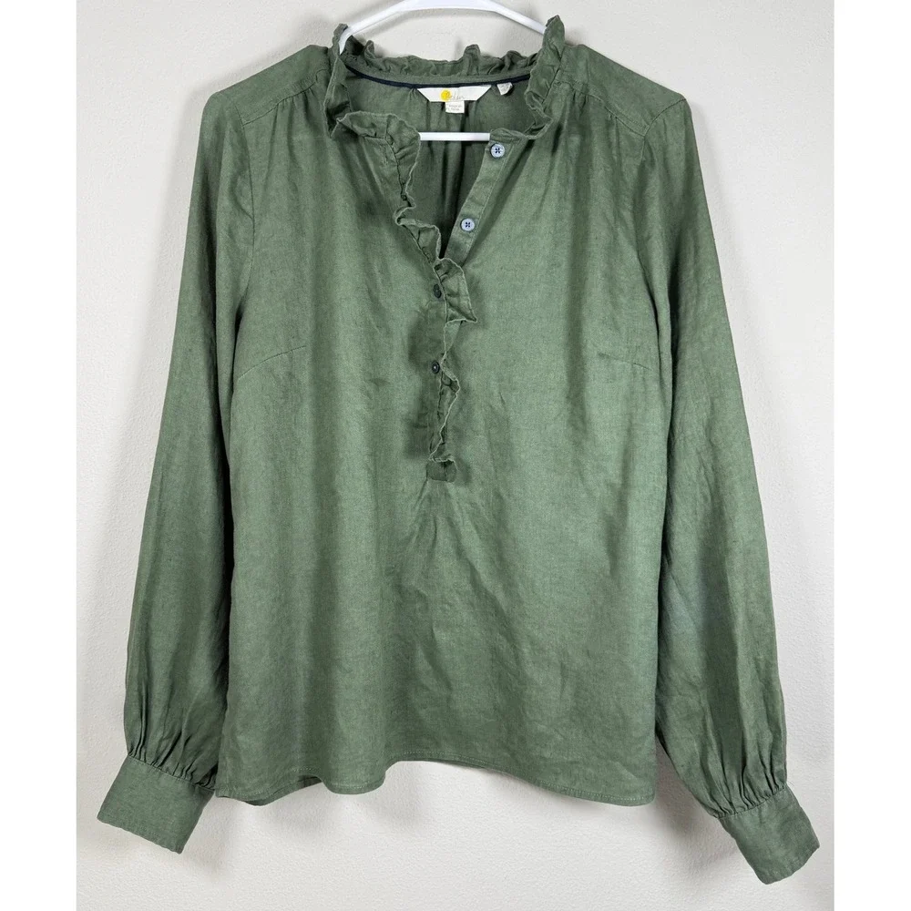 Boden 100% Linen Popover Top Women 10 Green Puff Sleeve Coastal Cottagecore